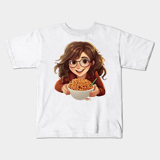 Cute Girl Eating Spaghetti Kids T-Shirt by Riverside-Moon